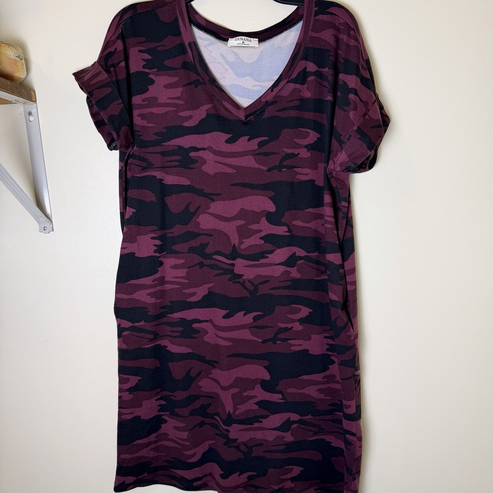 Zenana "The Charmaine" Burgundy Camo Short Cuff Cap Sleeve Pocket Dress M V-neck